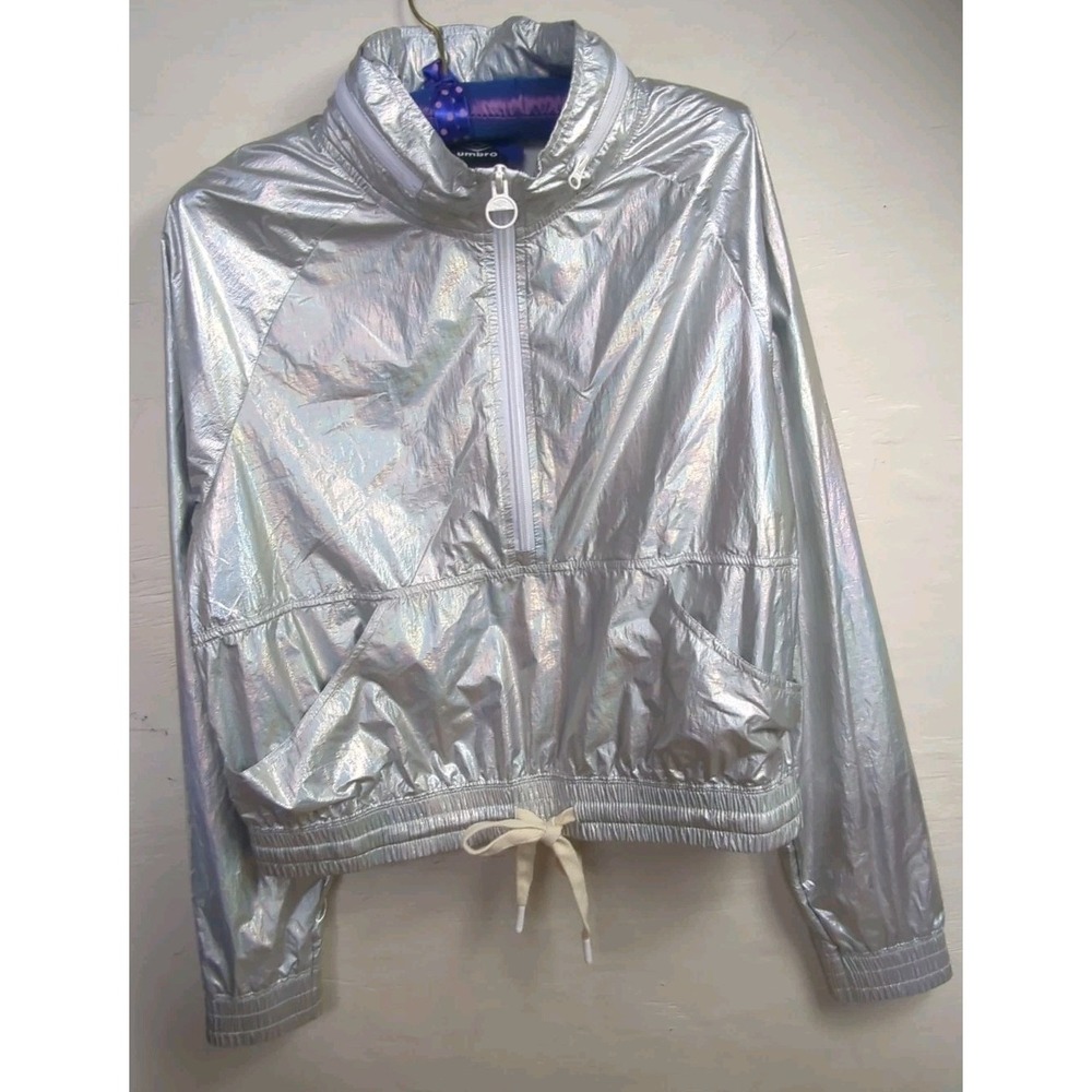 UMBRO Retro Wind Cropped Silver Metallic Shiny 1/2 Zip Windbreaker Womens M